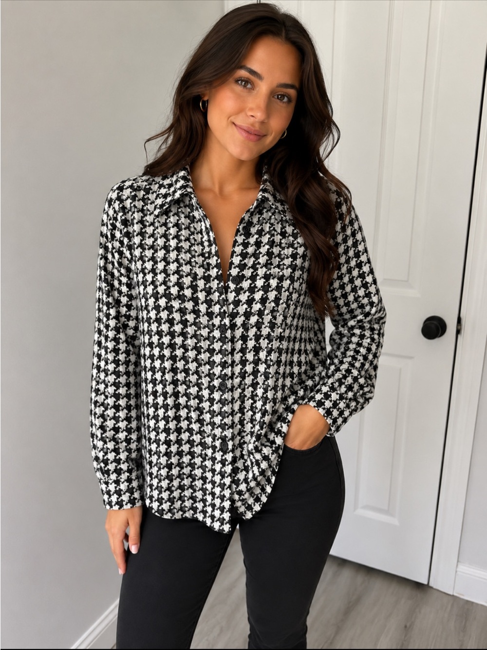 Dazy Black White Herringbone Shacket
